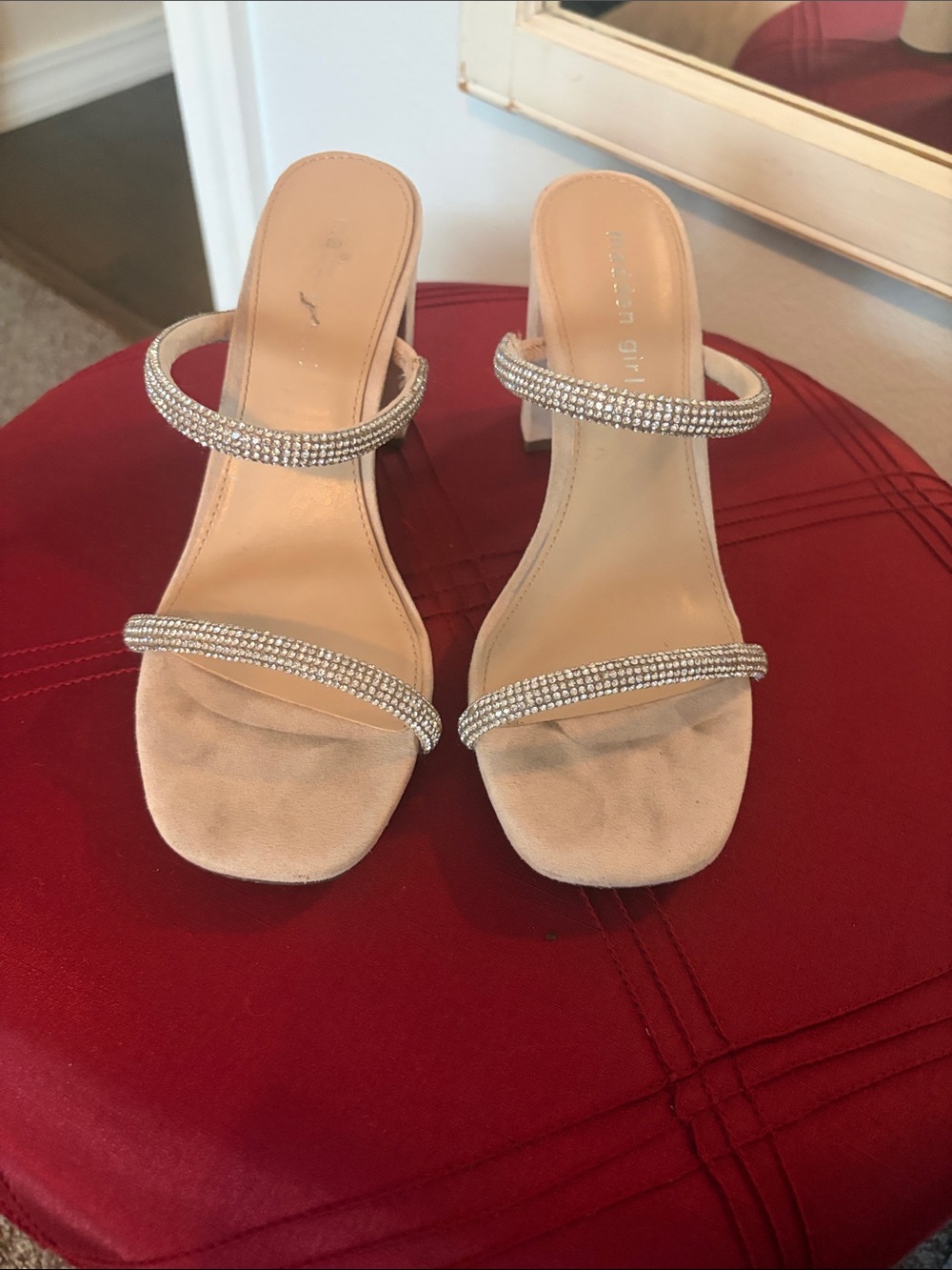 Madden Girl Nude Rhinestone Double-Strap Heeled Sandals